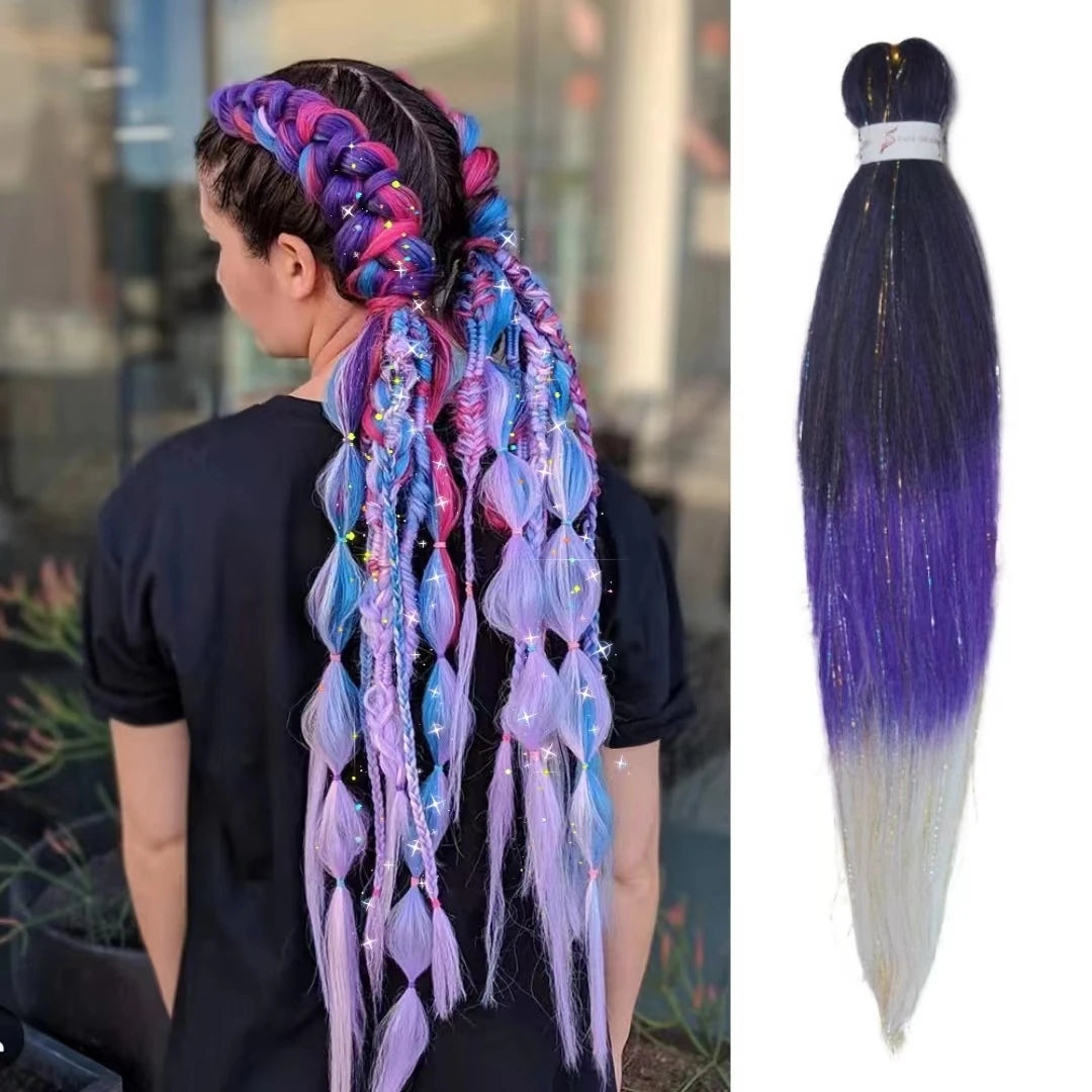 Purple Pink White 3 Tones Ombre Straight Braids Blend Hair Tinsel Festival Rave Hair Extensions for Girls Crazy Hair Day Braids
