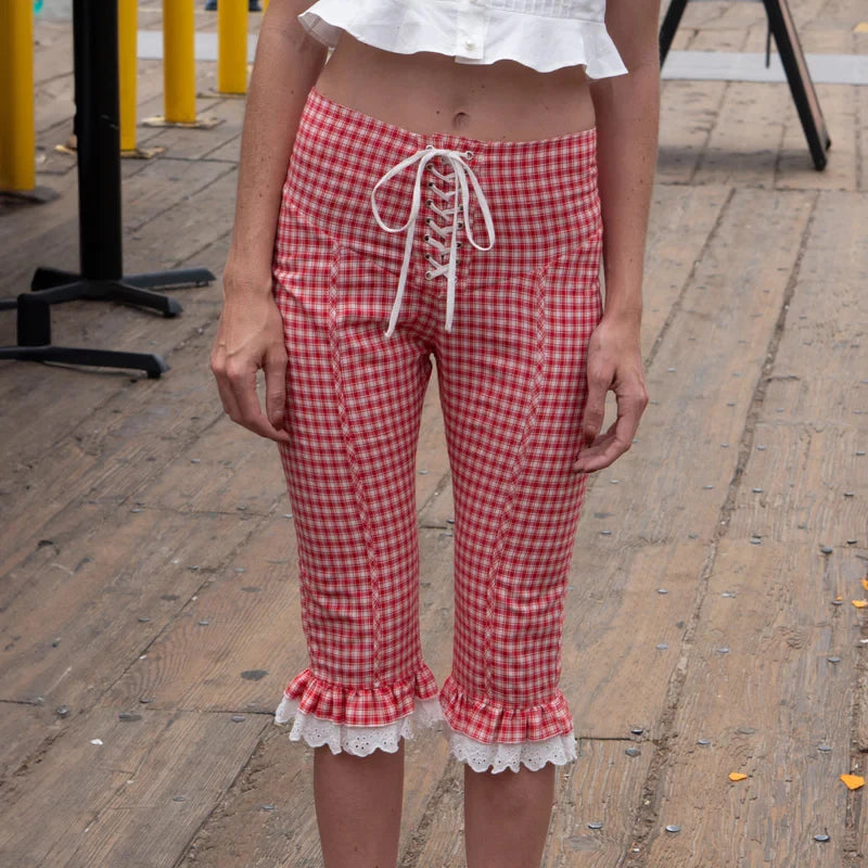 Vintage Lace Trim Knee Length Pants Women High Waist Tie Up Bandage Trousers Festival Rave Club Party Y2k Slim Fit Trousers