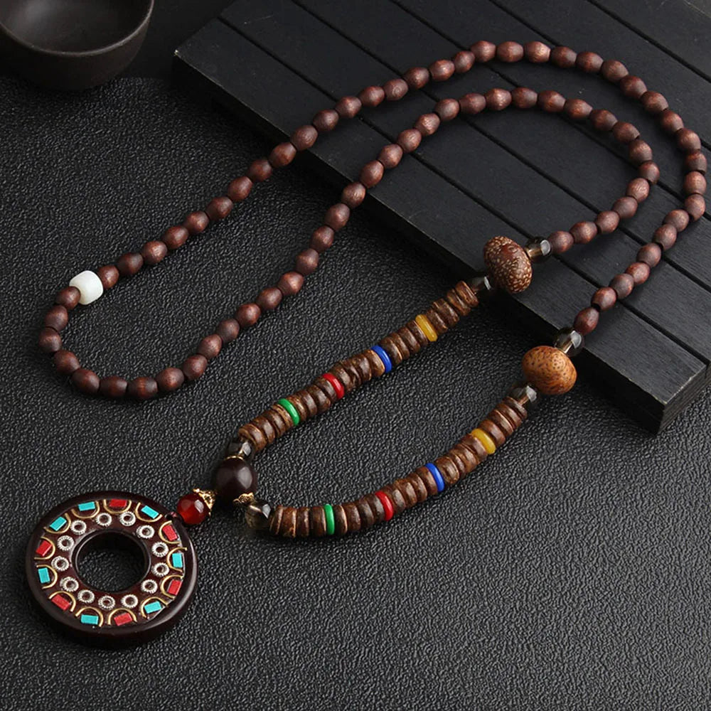 Ethnic Handmade Jewelry Mala Horn Nepal Pendant Long Necklace Necklace Wood Beads