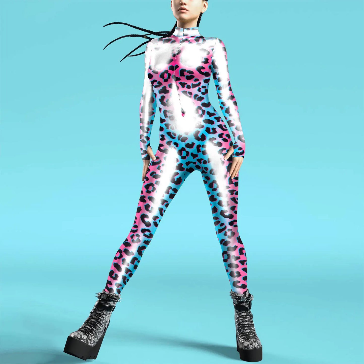 Women Zipper Adult Jumpsuit Clothing Colorful Texture 3D Print Zentai Bodysuit Thumb Sleeves Cosplay Costume Halloween Outfit