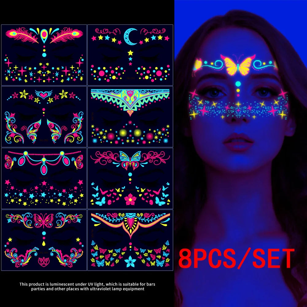 4/8/12/24Pcs Fluorescent Face Stickers Flower Waterproof Glowing Temporary Tattoo Sticker For Party/Music Festival Face Decals *