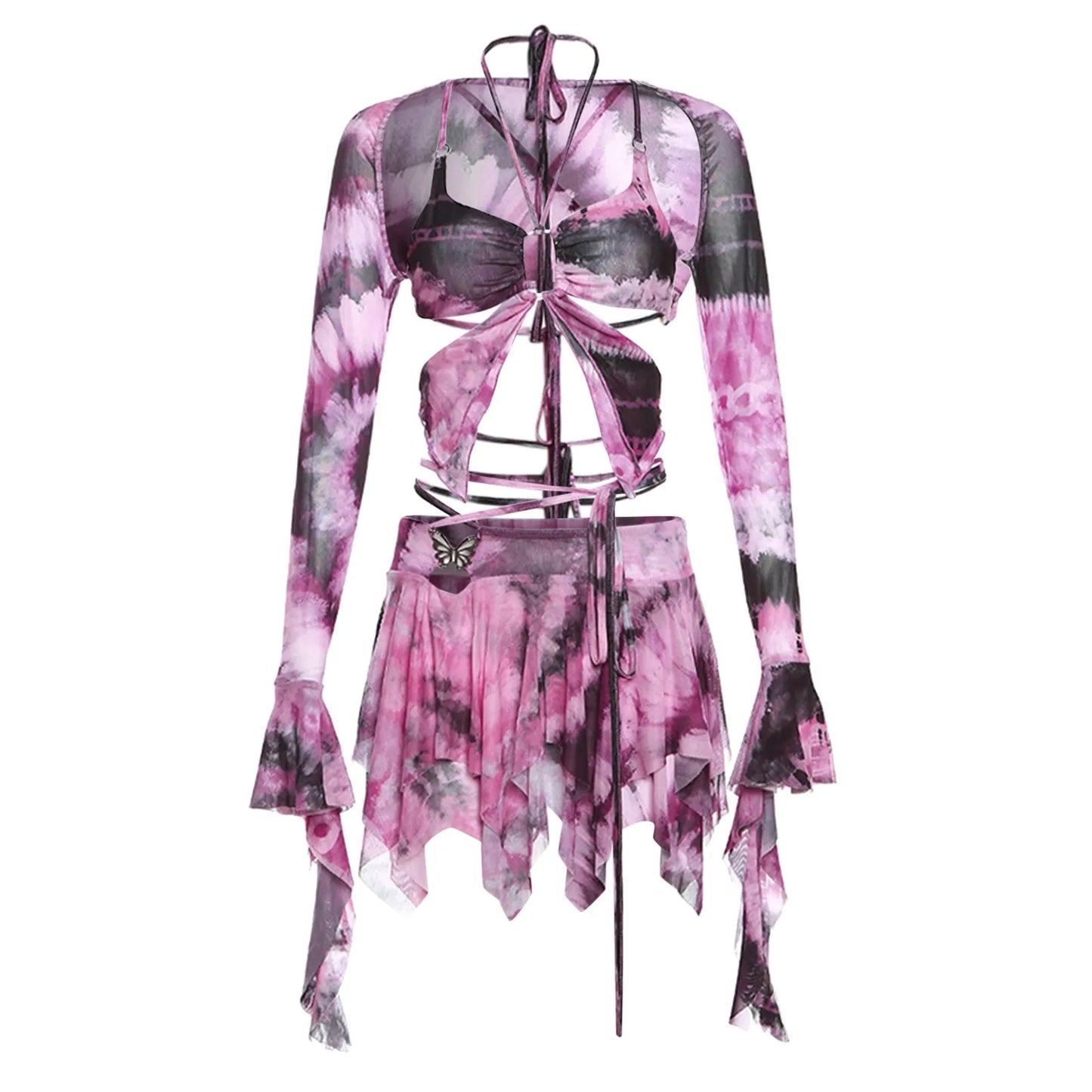 2 Piece Skirt Outfit For Women Elegant Butterfly Print Sexy Backless Crop Top And Skirt Suit Festival Beach Party Matching Set