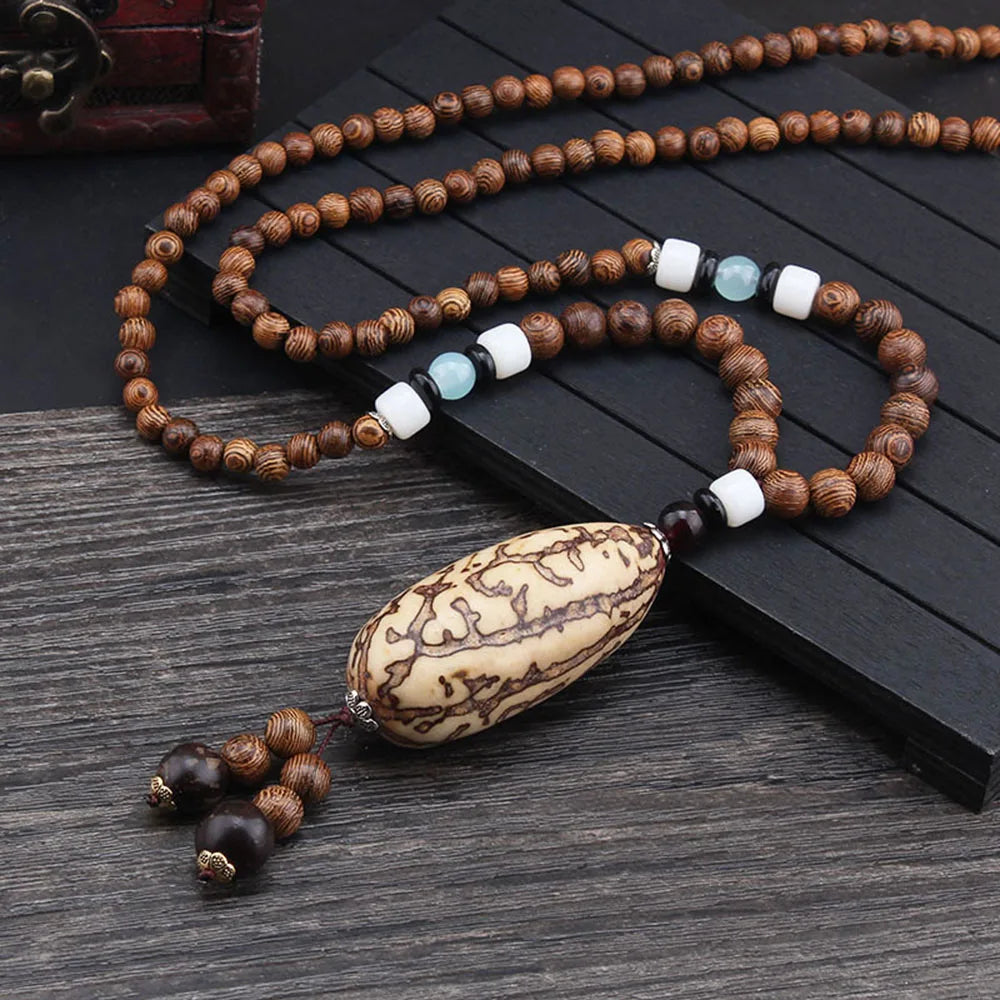 Ethnic Handmade Jewelry Mala Horn Nepal Pendant Long Necklace Necklace Wood Beads