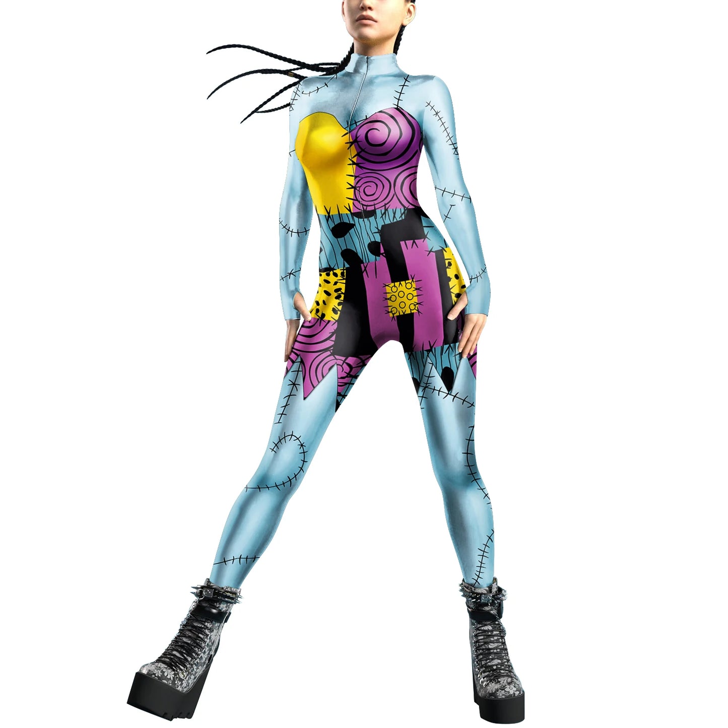 Women Zipper Adult Jumpsuit Clothing Colorful Texture 3D Print Zentai Bodysuit Thumb Sleeves Cosplay Costume Halloween Outfit