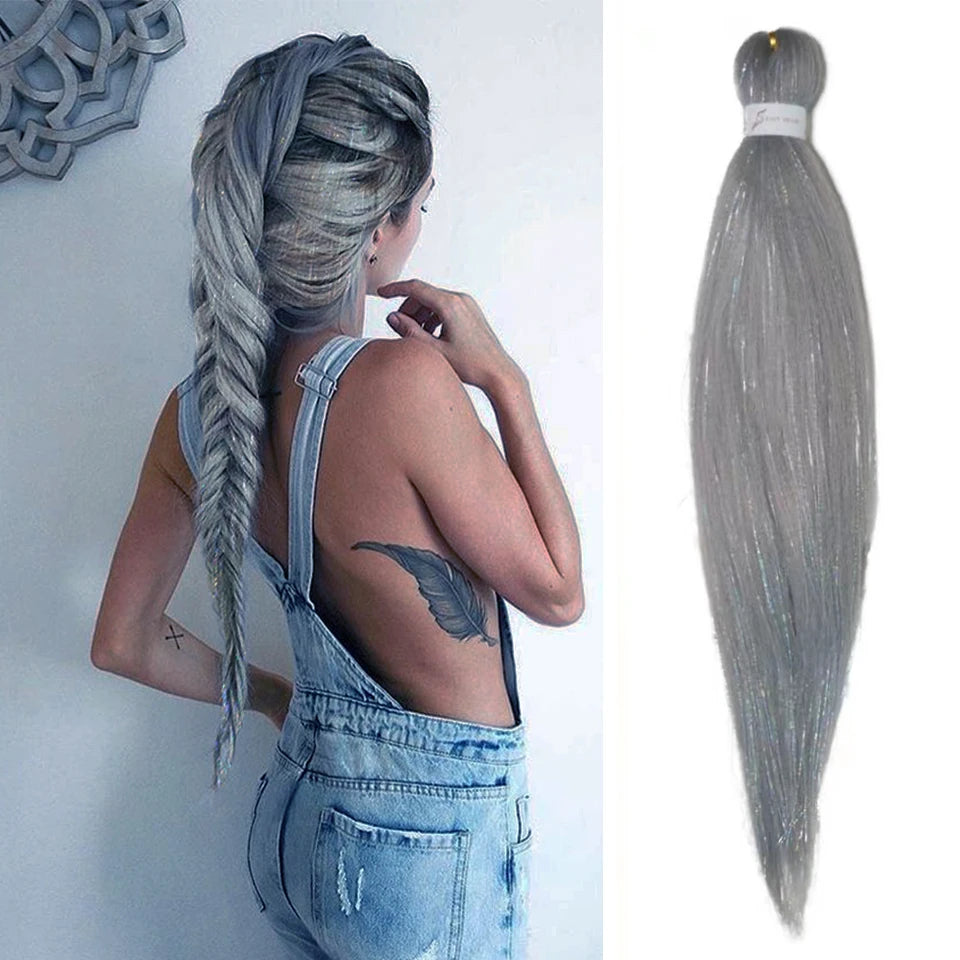 Purple Pink White 3 Tones Ombre Straight Braids Blend Hair Tinsel Festival Rave Hair Extensions for Girls Crazy Hair Day Braids