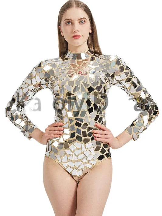 2023 Sparkly Silver Mirrors Bodysuit Sexy LongSleeves Leotard Gogo Stage PerformanceDancer Costume Birthday Celebrate