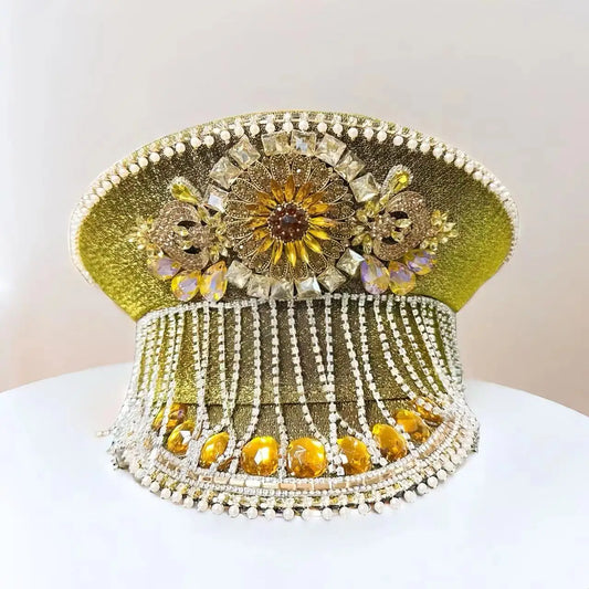 HongLuan Steampunk Captain Hat Rhinestone for Burning Man Festival Woman with Tassel -  Vintage Military Hats for Man