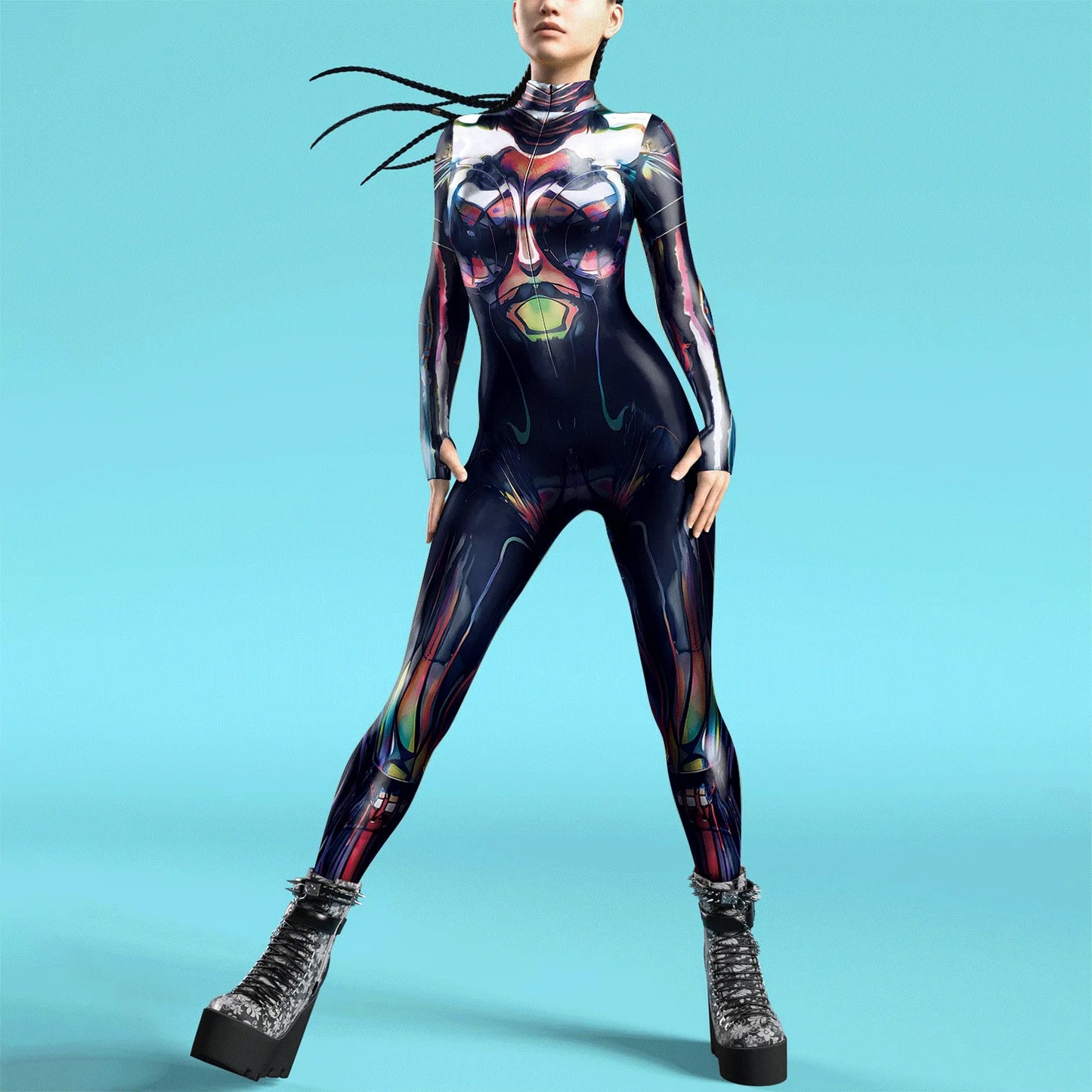 Women Zipper Adult Jumpsuit Clothing Colorful Texture 3D Print Zentai Bodysuit Thumb Sleeves Cosplay Costume Halloween Outfit