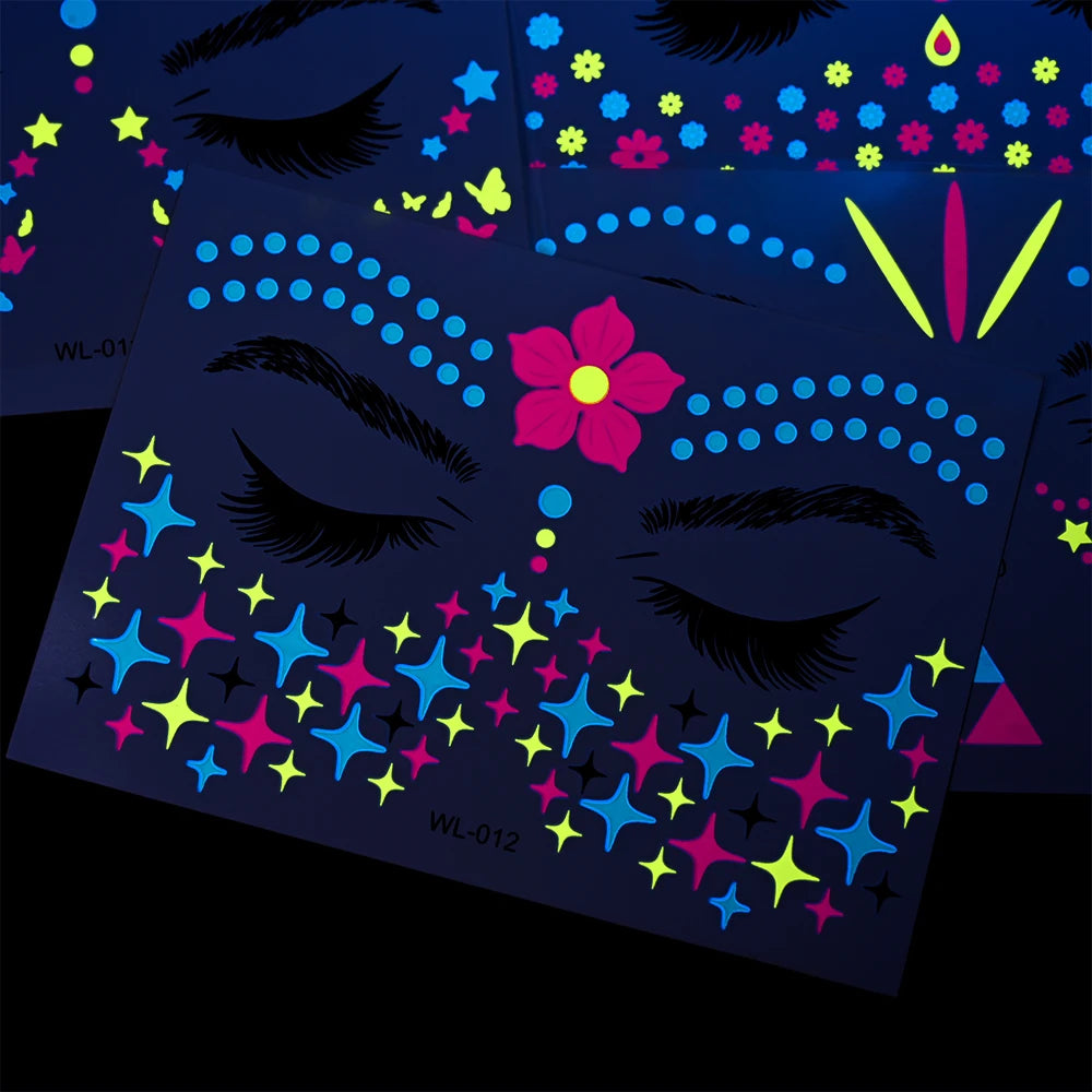 4/8/12/24Pcs Fluorescent Face Stickers Flower Waterproof Glowing Temporary Tattoo Sticker For Party/Music Festival Face Decals *