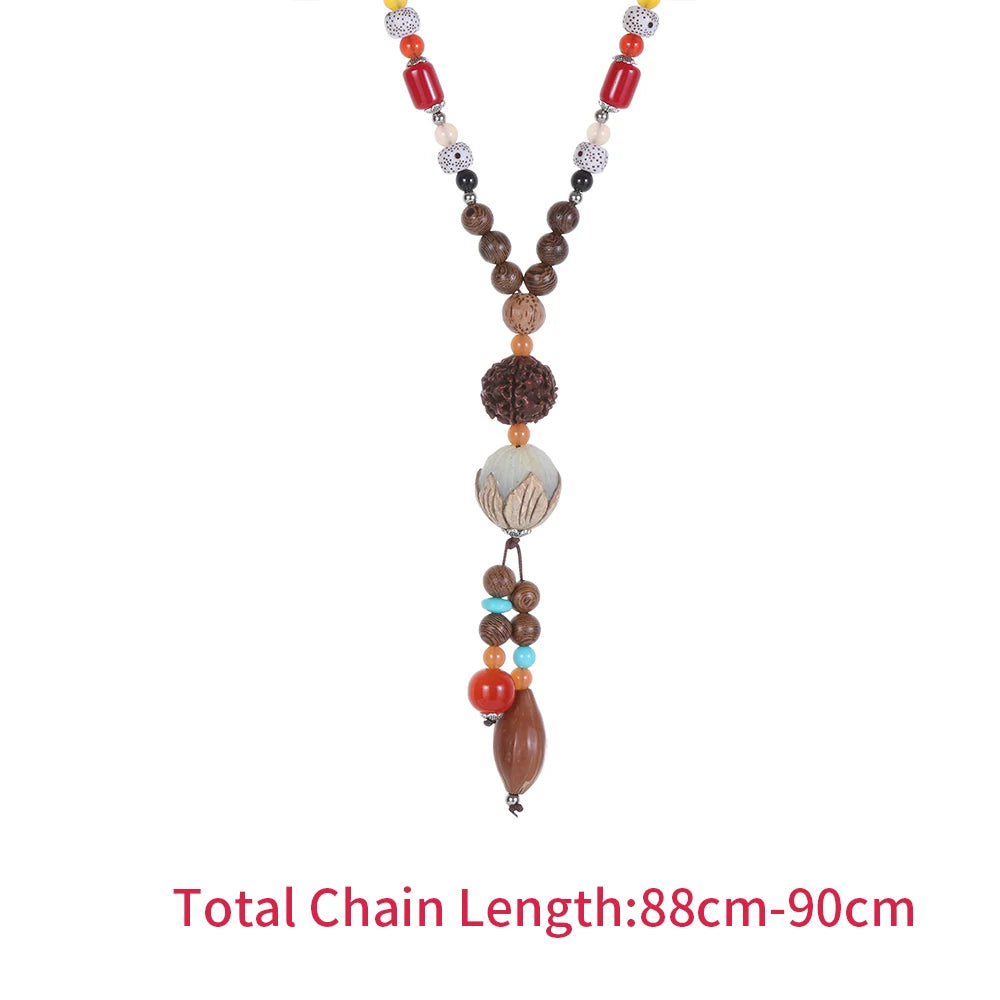 Fashion Vintage Style Feather Elephant Wood Beaded Stone Pendant Statement Necklace Nepal Women Men Jewelry