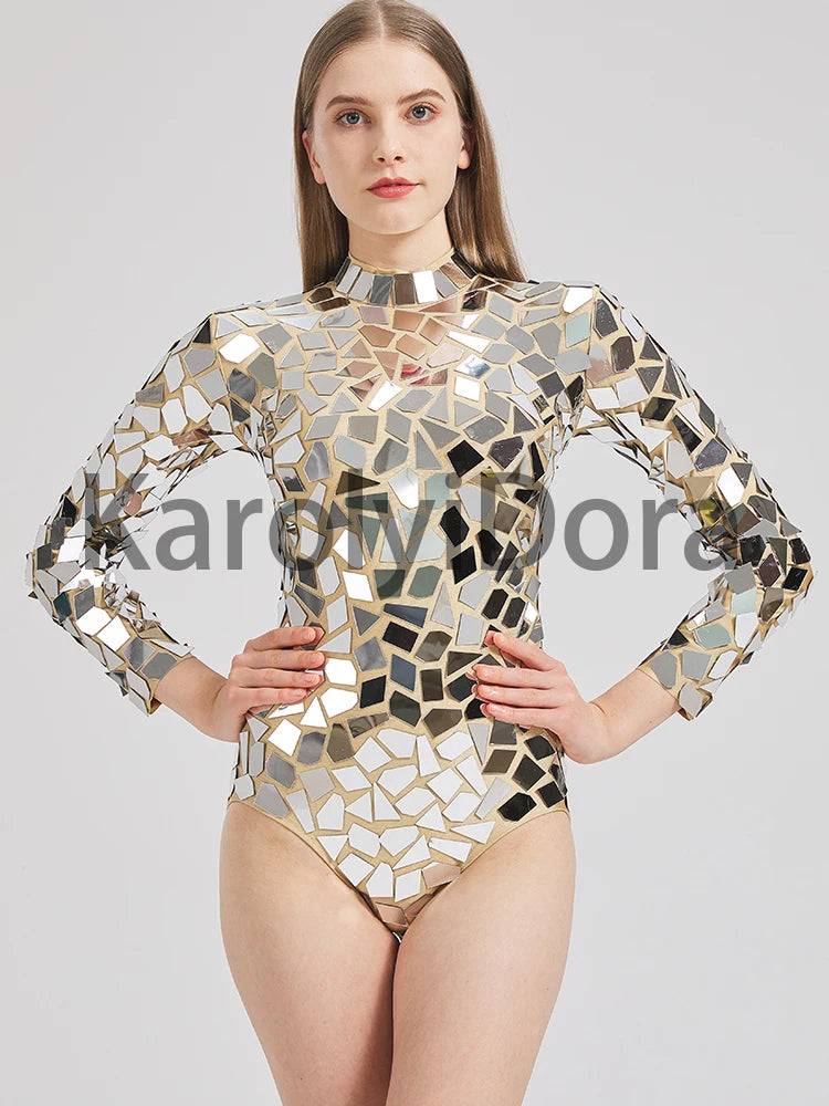 2023 Sparkly Silver Mirrors Bodysuit Sexy LongSleeves Leotard Gogo Stage PerformanceDancer Costume Birthday Celebrate