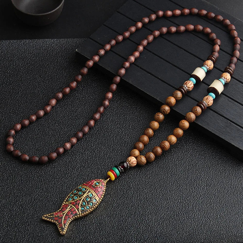 Ethnic Handmade Jewelry Mala Horn Nepal Pendant Long Necklace Necklace Wood Beads