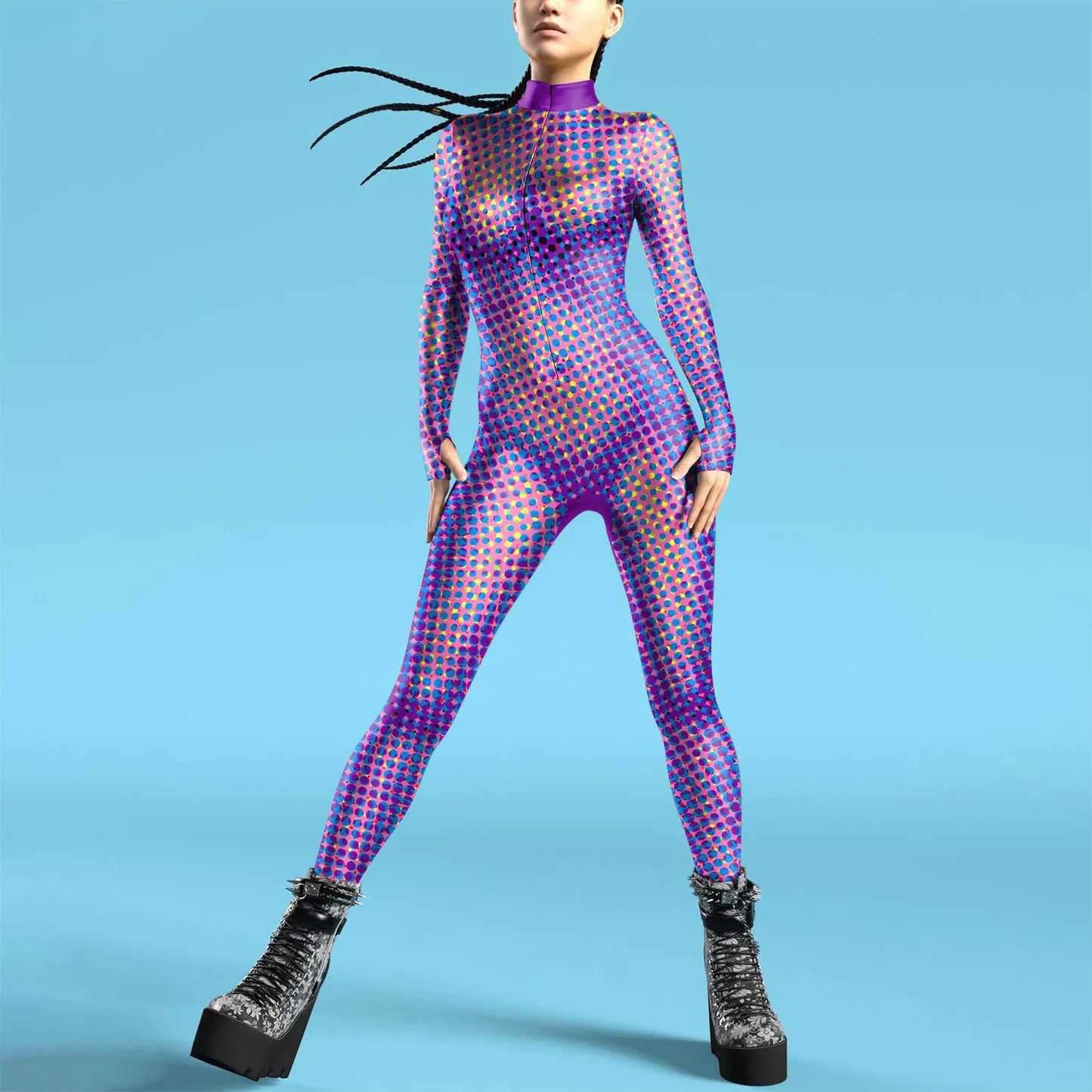 Women Zipper Adult Jumpsuit Clothing Colorful Texture 3D Print Zentai Bodysuit Thumb Sleeves Cosplay Costume Halloween Outfit