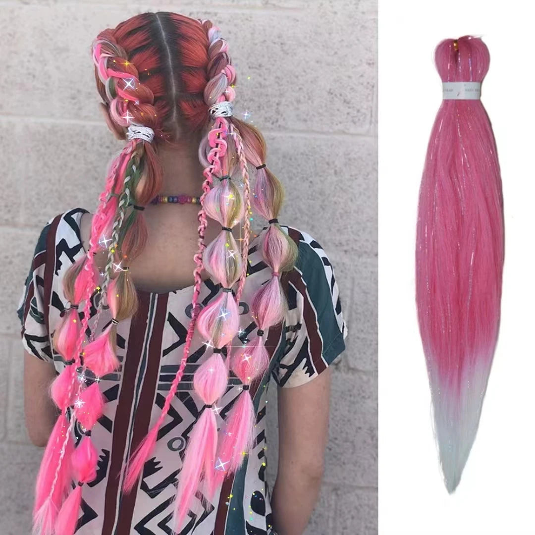 Purple Pink White 3 Tones Ombre Straight Braids Blend Hair Tinsel Festival Rave Hair Extensions for Girls Crazy Hair Day Braids