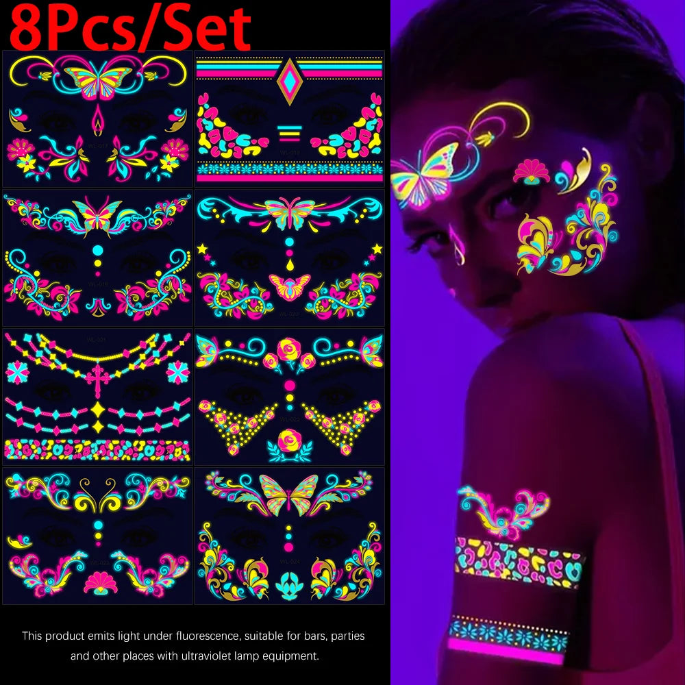 4/8/12/24Pcs Fluorescent Face Stickers Flower Waterproof Glowing Temporary Tattoo Sticker For Party/Music Festival Face Decals *