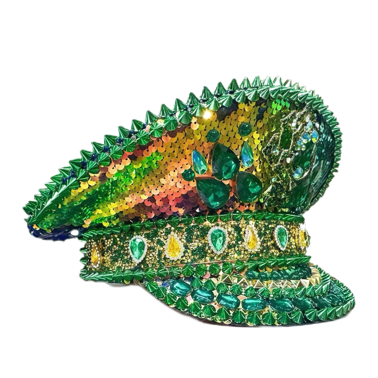 HongLuan Green Rose Woman Bling Captain Hat Rhinestone for Man Glitter Steampunk Military Cap for Burning Man Music Festivals