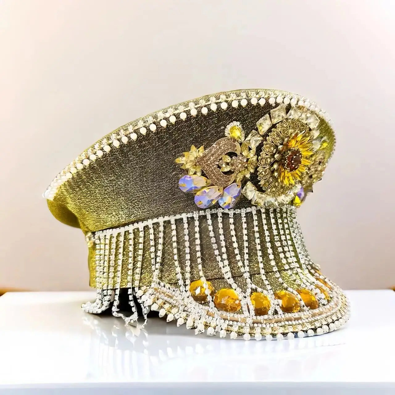 HongLuan Steampunk Captain Hat Rhinestone for Burning Man Festival Woman with Tassel - Vintage Military Hats for Man
