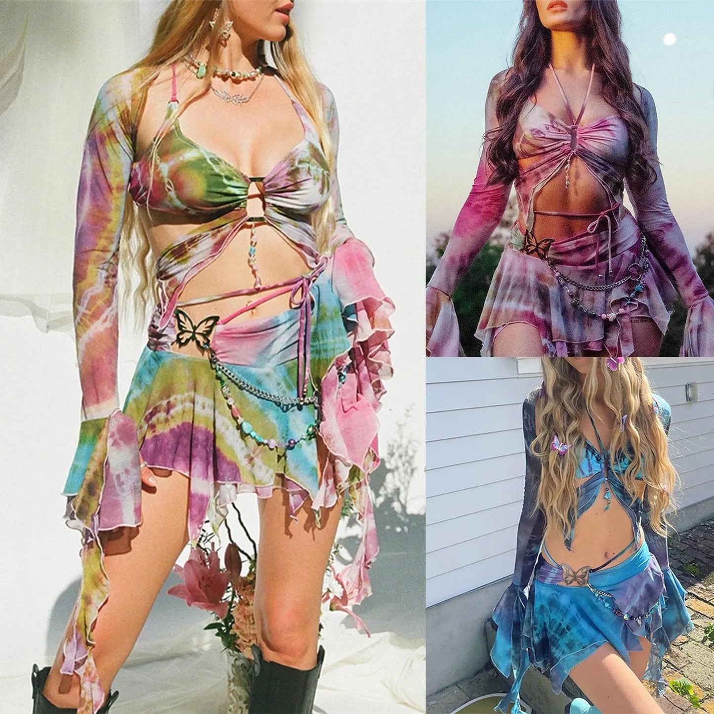 2 Piece Skirt Outfit For Women Elegant Butterfly Print Sexy Backless Crop Top And Skirt Suit Festival Beach Party Matching Set