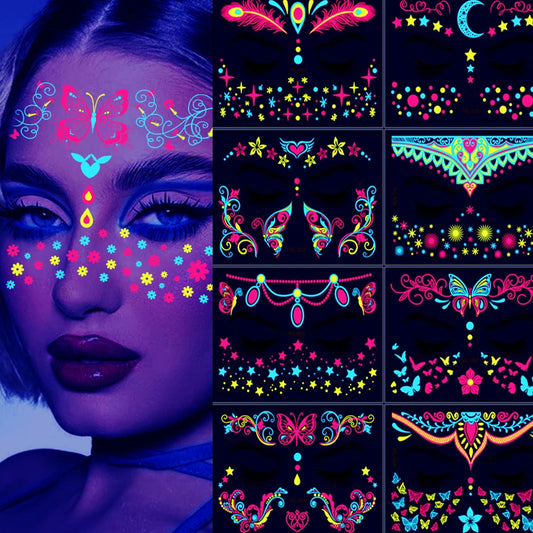 1/4/8Pcs Waterproof Temporary Fluorescent Face Stickers 15x14cm Halloween Neon Face Decal Music Festival Party Face Slider