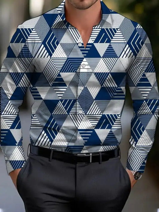 Men's shirt regular lapel shirt men's 3d printing irregular geometric printing casual street long sleeve fashion printed shirt