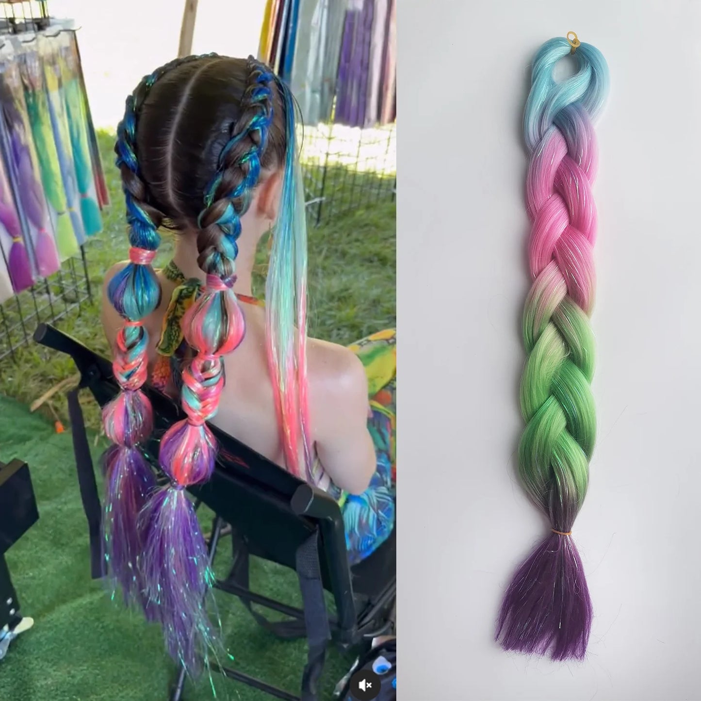 Purple Pink White 3 Tones Ombre Straight Braids Blend Hair Tinsel Festival Rave Hair Extensions for Girls Crazy Hair Day Braids