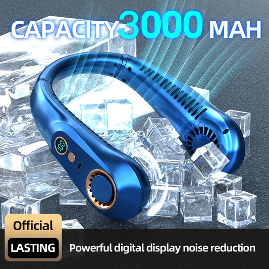 Hanging Neck Fan Portable Bladeless Mini USB Rechargeable Mute LED Digital Display Electric Fan Summer Air Cooler New 3000mAh