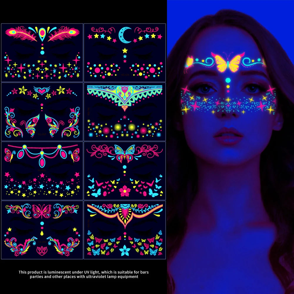 4/8/12/24Pcs Fluorescent Face Stickers Flower Waterproof Glowing Temporary Tattoo Sticker For Party/Music Festival Face Decals *