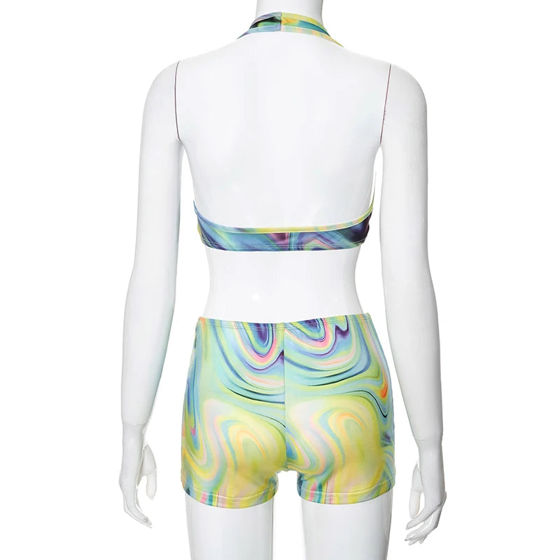 BUILDINGB 2024 Summer Halter Top Mini Short Tie Dye Beach Party Set Hollow Out Sexy Backelss Bikini Hot Girl Swimming Set