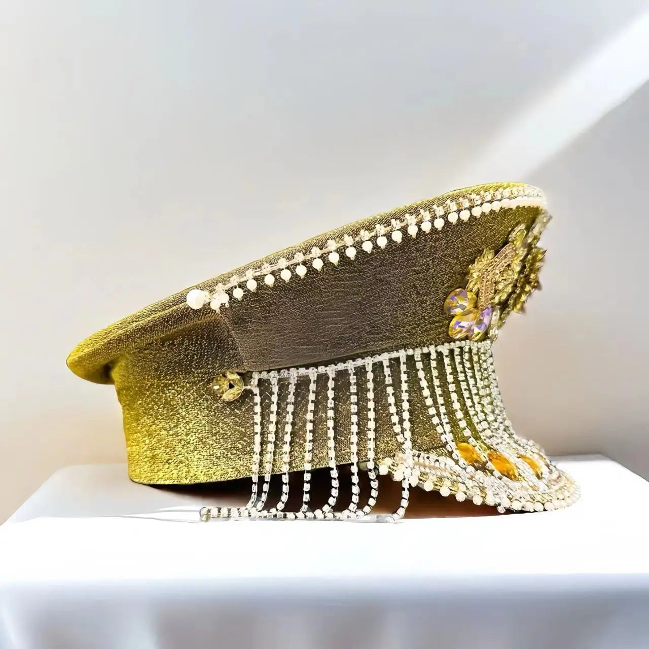 HongLuan Steampunk Captain Hat Rhinestone for Burning Man Festival Woman with Tassel - Vintage Military Hats for Man