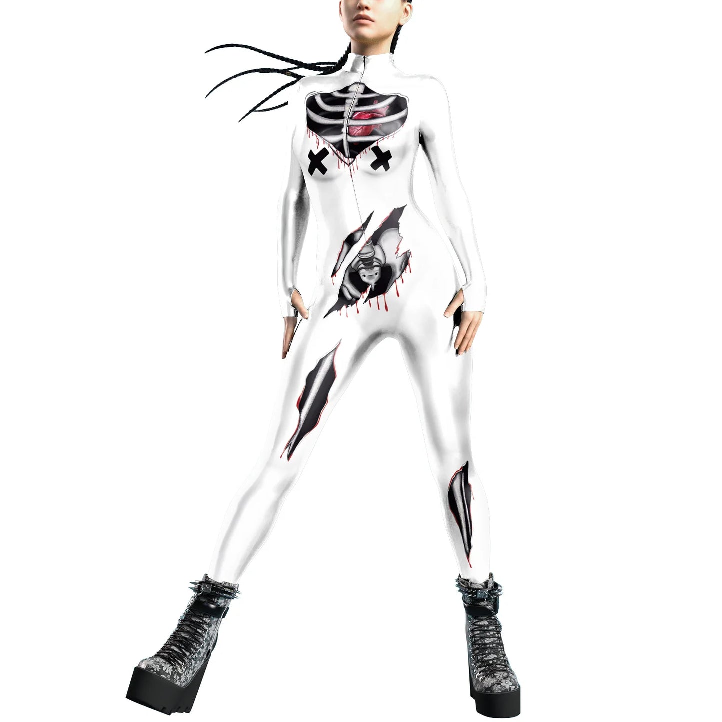 Women Zipper Adult Jumpsuit Clothing Colorful Texture 3D Print Zentai Bodysuit Thumb Sleeves Cosplay Costume Halloween Outfit