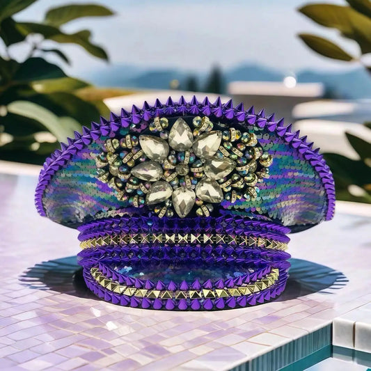 HongLuan Purple Steampunk Captain Hat Rhinestone for Woman - Burning Man Festival Military Caps for Man