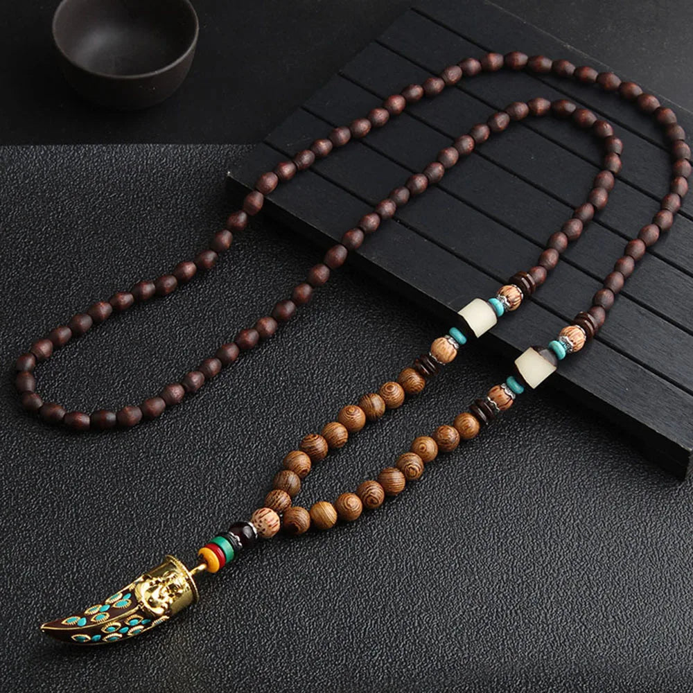 Ethnic Handmade Jewelry Mala Horn Nepal Pendant Long Necklace Necklace Wood Beads