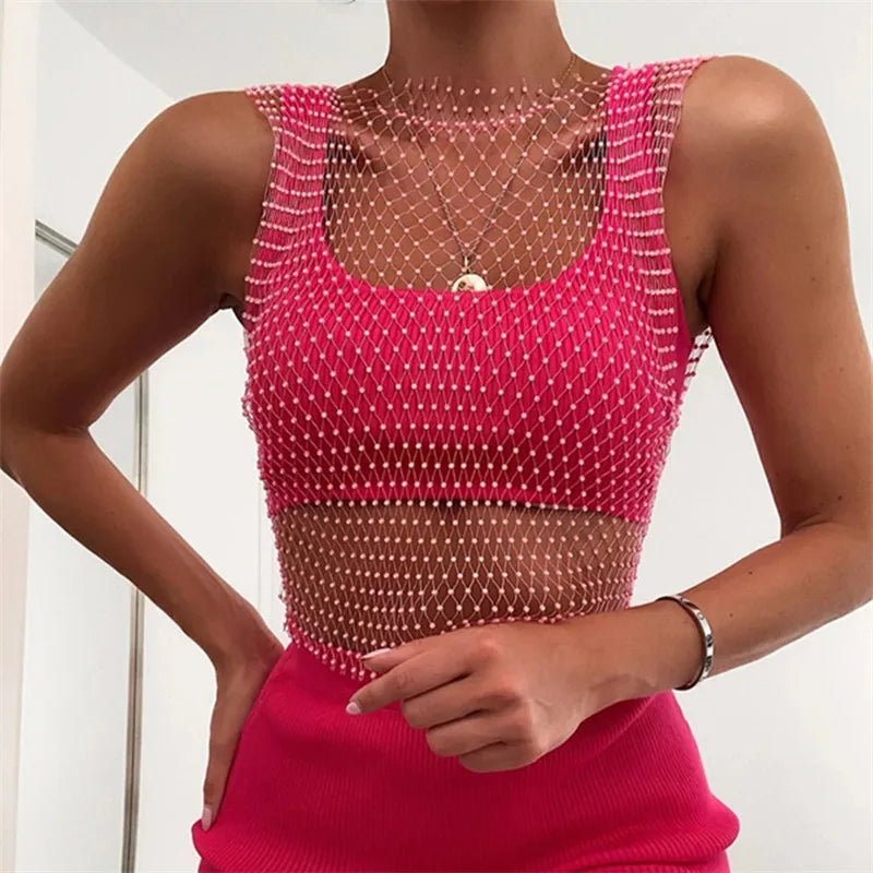 Crystal Rhinestone Fishnet Crop Top Women Sexy Mesh Hollow Out See Through Tank Top Beach Festival Rave Party Clubwear Camis Tee