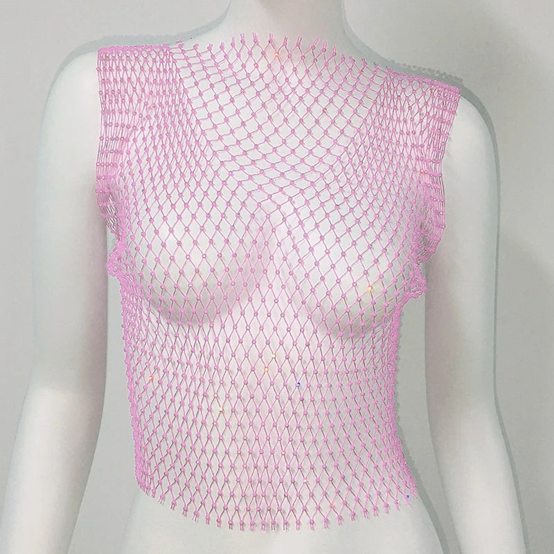 Crystal Rhinestone Fishnet Crop Top Women Sexy Mesh Hollow Out See Through Tank Top Beach Festival Rave Party Clubwear Camis Tee