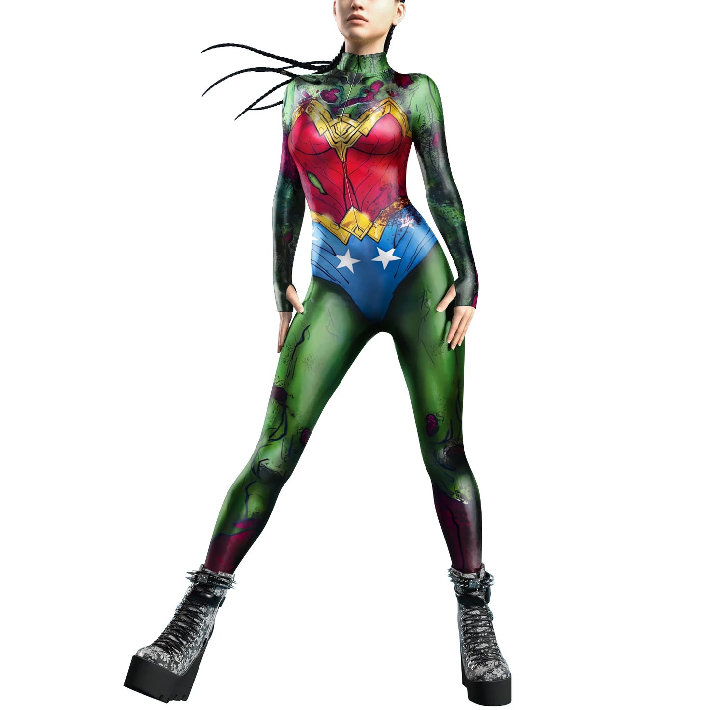 VIP FASHION Colorful Zentai Bodysuit Thumb Sleeves Cosplay Costume Front Zipper Jumpsuit Burning Man Festival Outfit for Woman