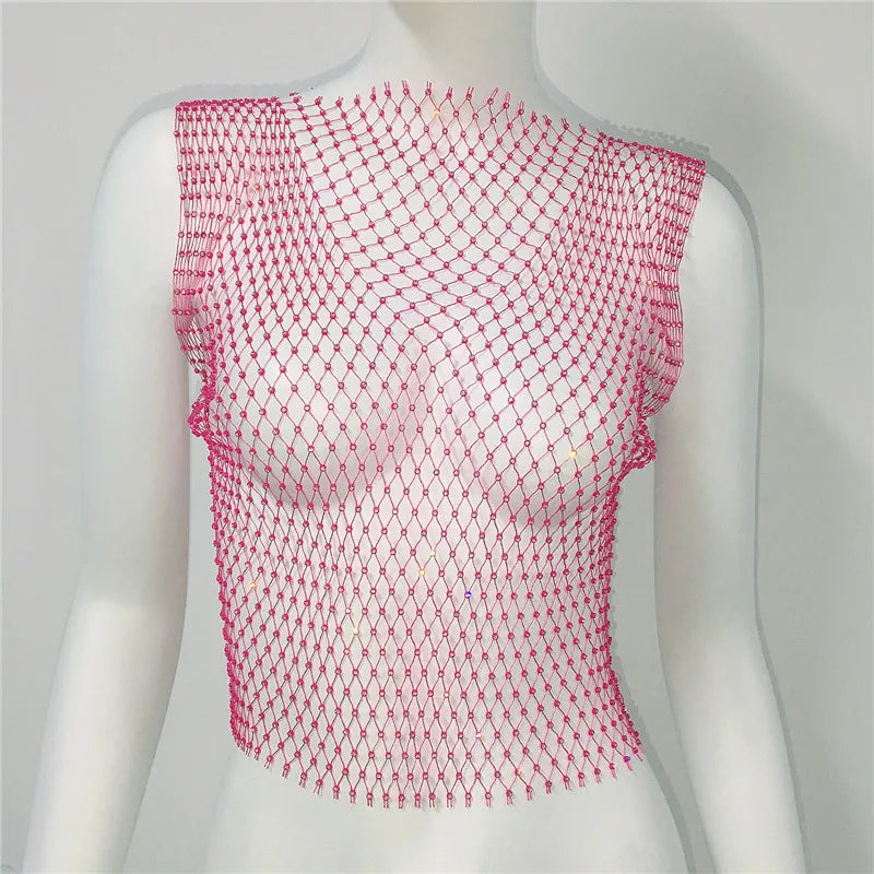 Crystal Rhinestone Fishnet Crop Top Women Sexy Mesh Hollow Out See Through Tank Top Beach Festival Rave Party Clubwear Camis Tee