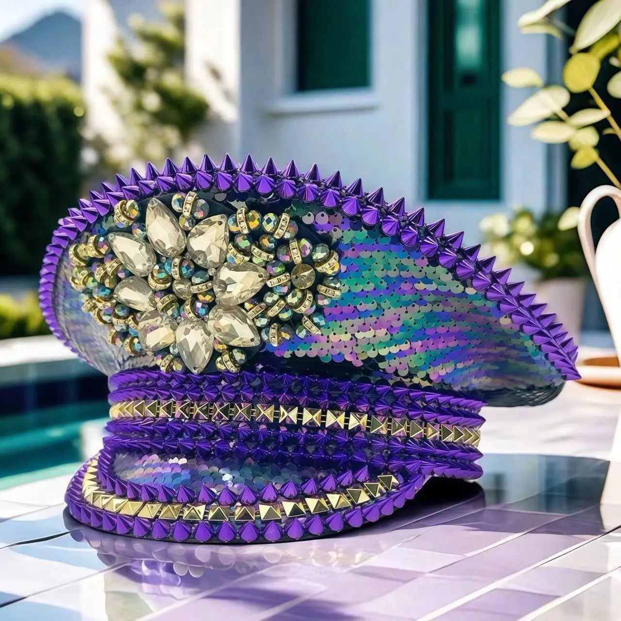 HongLuan Purple Steampunk Captain Hat Rhinestone for Woman - Burning Man Festival Military Caps for Man