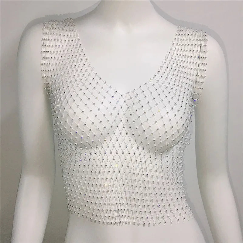 Crystal Rhinestone Fishnet Crop Top Women Sexy Mesh Hollow Out See Through Tank Top Beach Festival Rave Party Clubwear Camis Tee