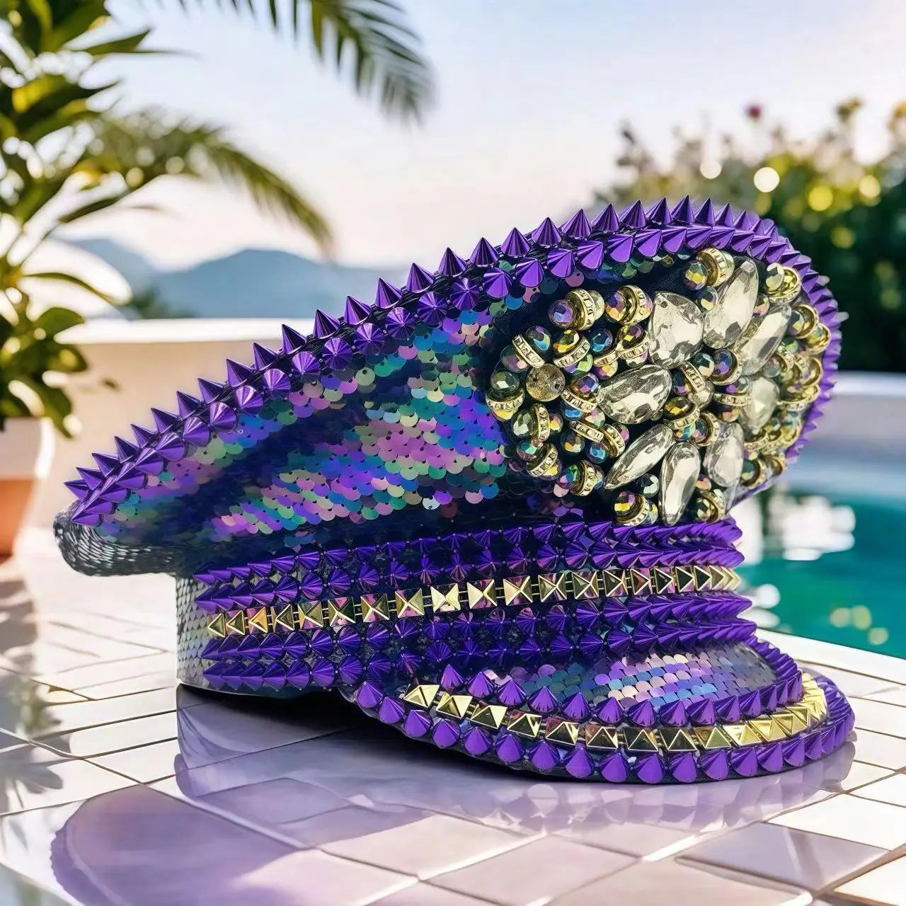 HongLuan Purple Steampunk Captain Hat Rhinestone for Woman - Burning Man Festival Military Caps for Man