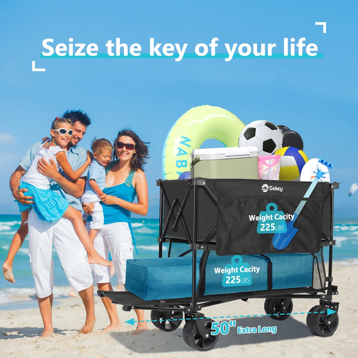 450LBS Double Decker Collapsible Wagon 50"L Extended 400L Large Capacity Heavy Duty Foldable Wagon Folding Cart