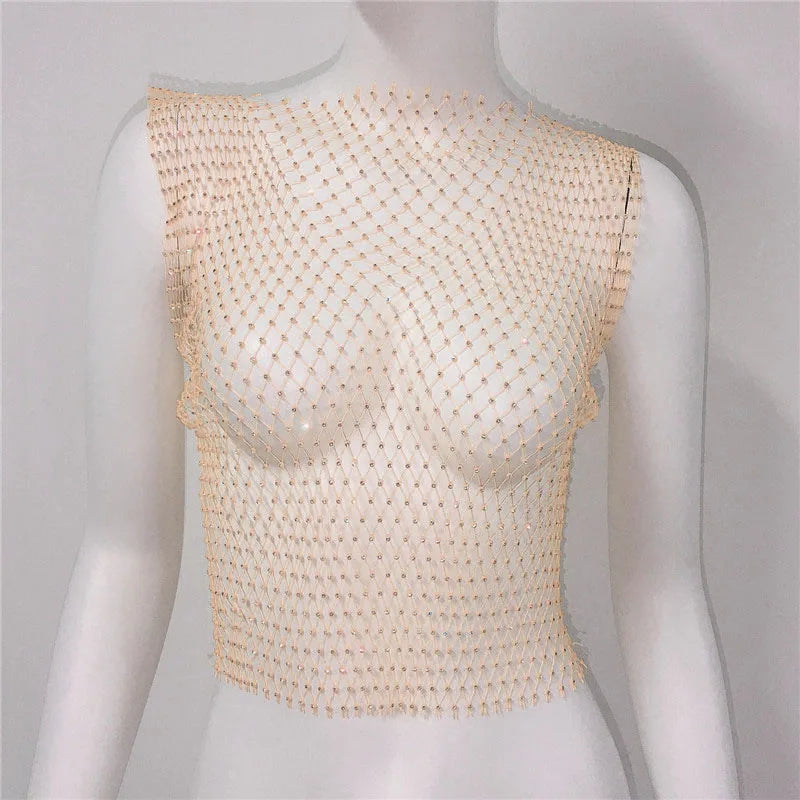 Crystal Rhinestone Fishnet Crop Top Women Sexy Mesh Hollow Out See Through Tank Top Beach Festival Rave Party Clubwear Camis Tee