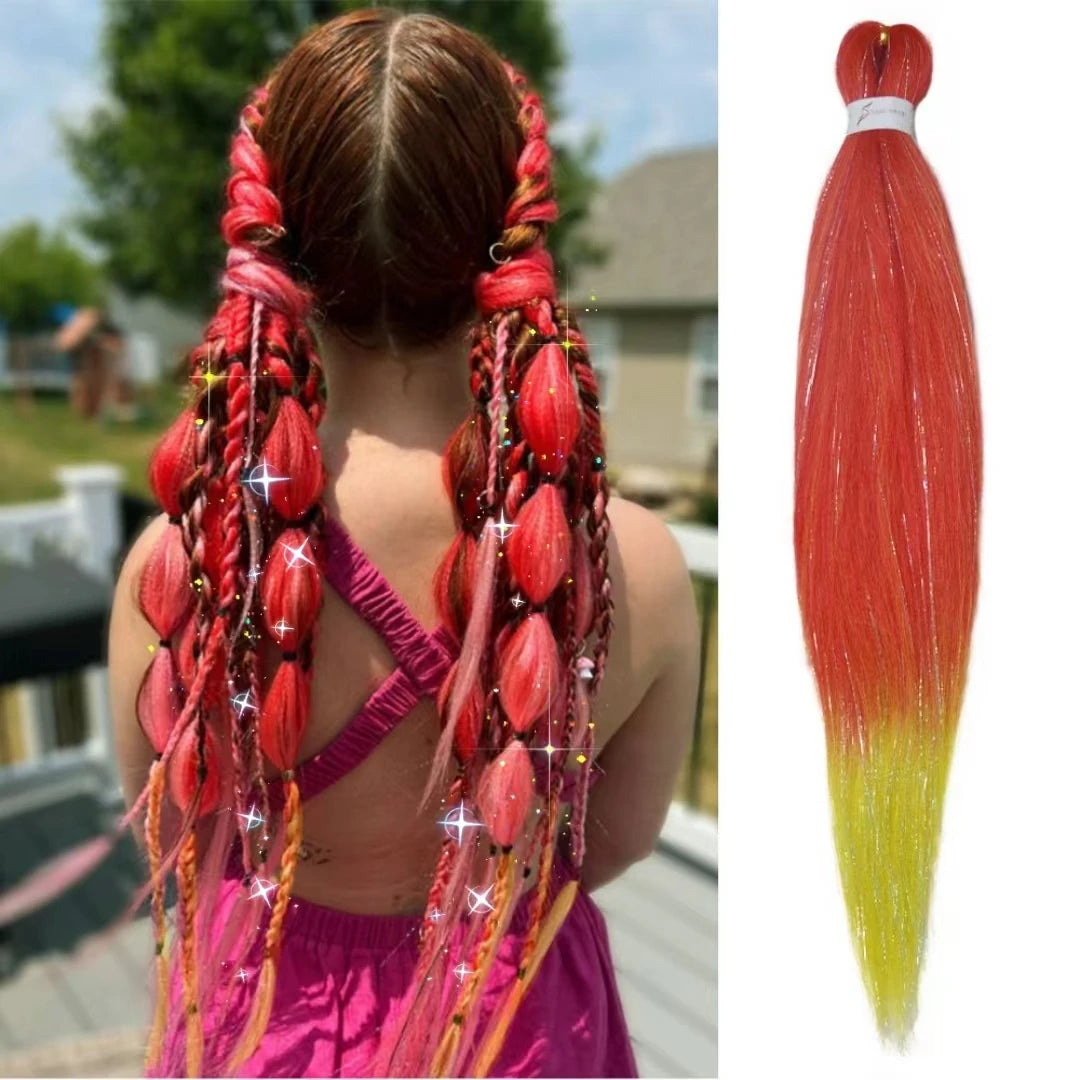 Purple Pink White 3 Tones Ombre Straight Braids Blend Hair Tinsel Festival Rave Hair Extensions for Girls Crazy Hair Day Braids