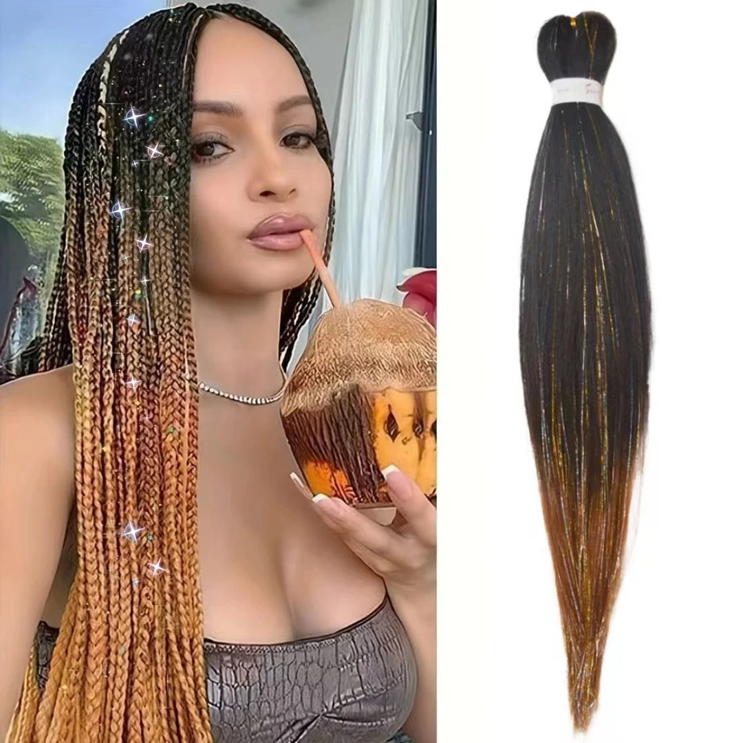 Purple Pink White 3 Tones Ombre Straight Braids Blend Hair Tinsel Festival Rave Hair Extensions for Girls Crazy Hair Day Braids