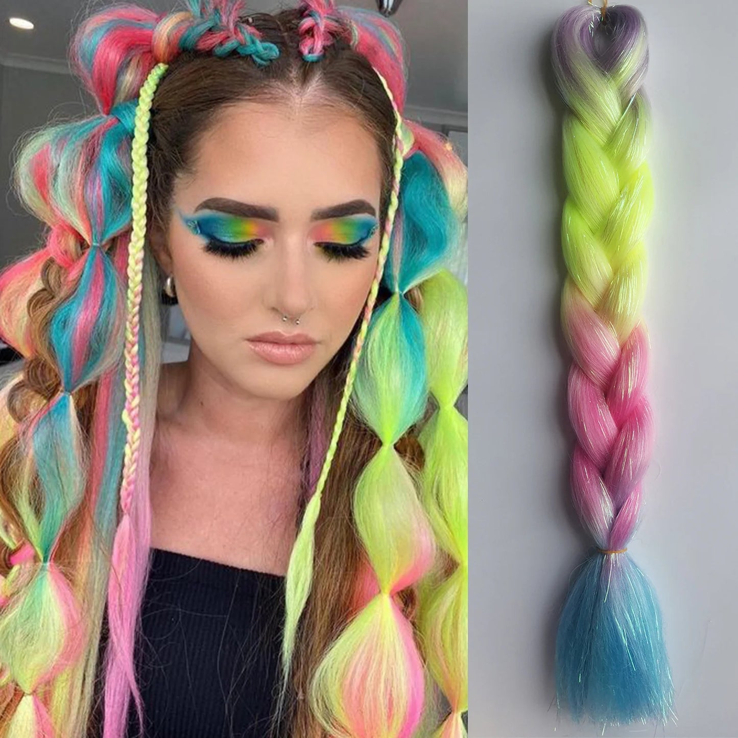 Purple Pink White 3 Tones Ombre Straight Braids Blend Hair Tinsel Festival Rave Hair Extensions for Girls Crazy Hair Day Braids