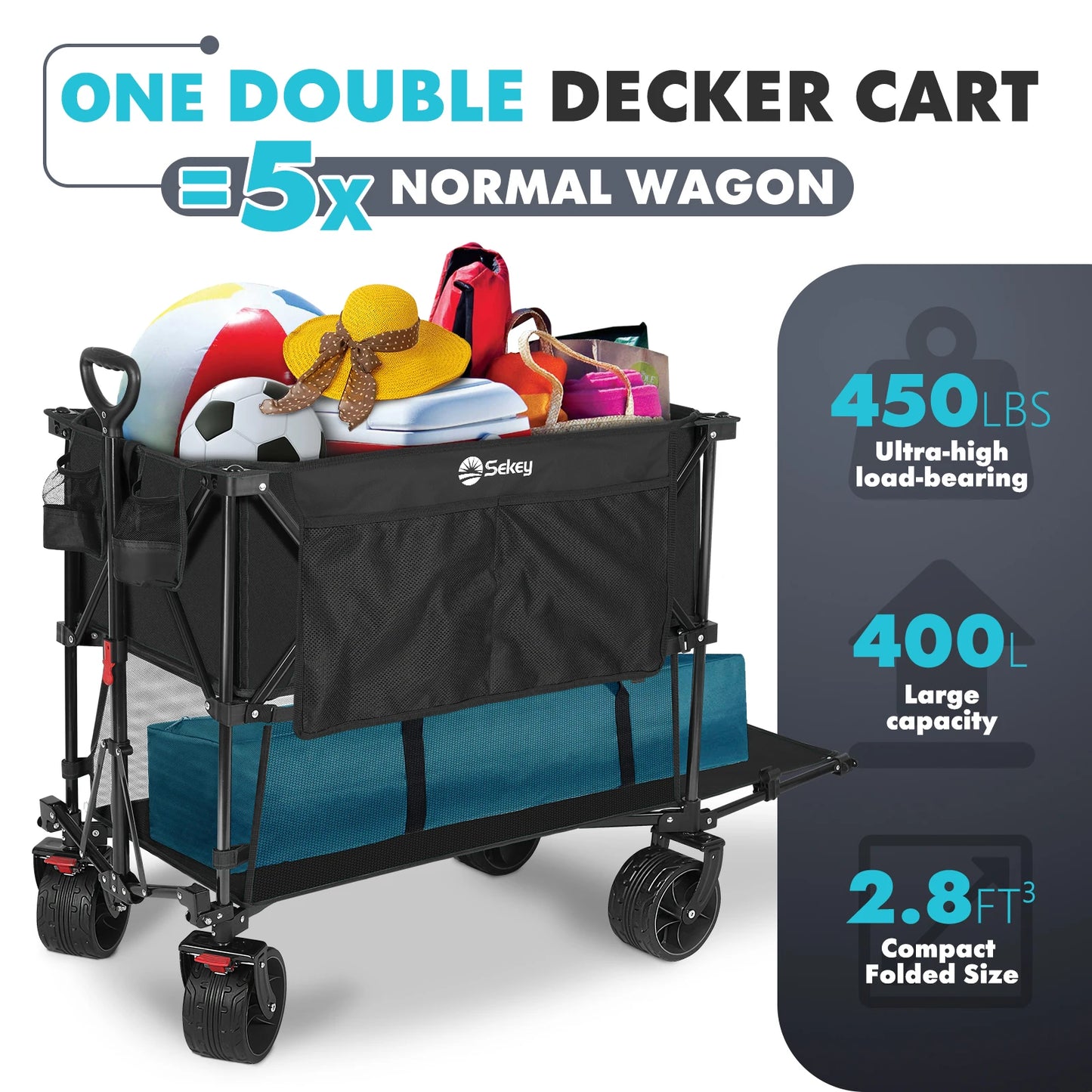 450LBS Double Decker Collapsible Wagon 50"L Extended 400L Large Capacity Heavy Duty Foldable Wagon Folding Cart