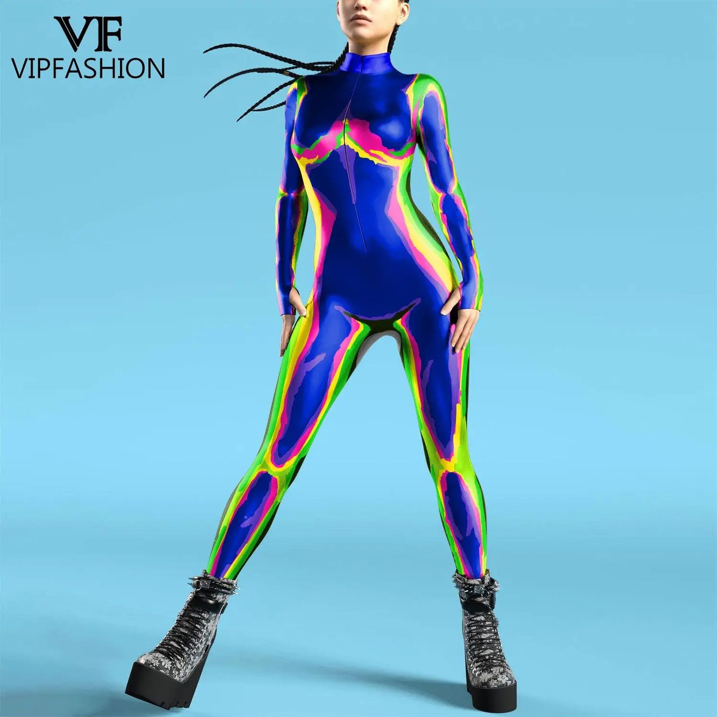 VIP FASHION Colorful Zentai Bodysuit Thumb Sleeves Cosplay Costume Front Zipper Jumpsuit Burning Man Festival Outfit for Woman