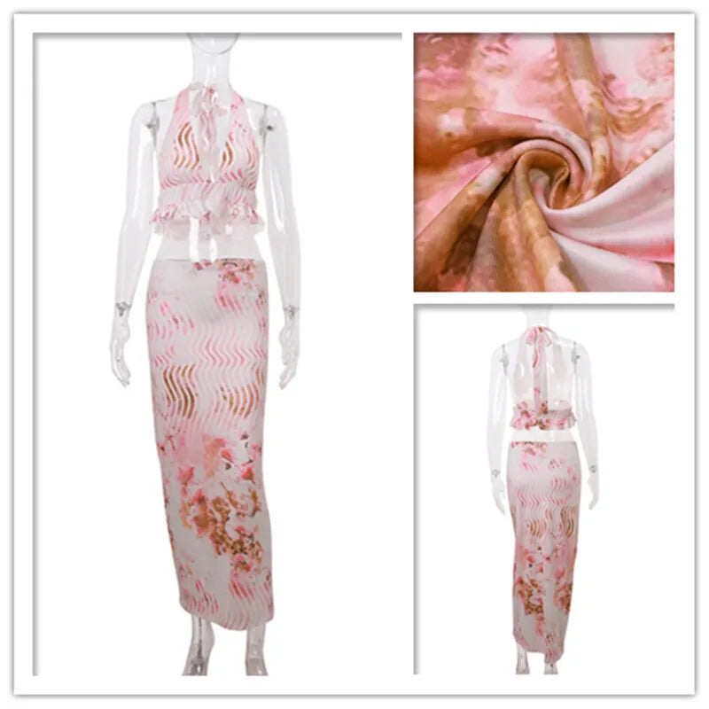 Avrilyaan Printed Sexy Party Two Piece Set Deep V Crop Top Midi Skirts Bodycon 2 Pieces Set Women Vacation 2024 Summer Outfits
