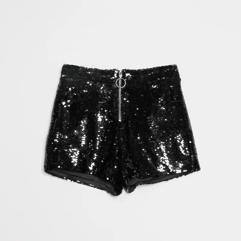 Sexy Women Sequin Shorts Summer High Waist O-Ring Zip Bodycon Shorts Feminino Skinny Party Club Festival Raves Pole Dance Shorts