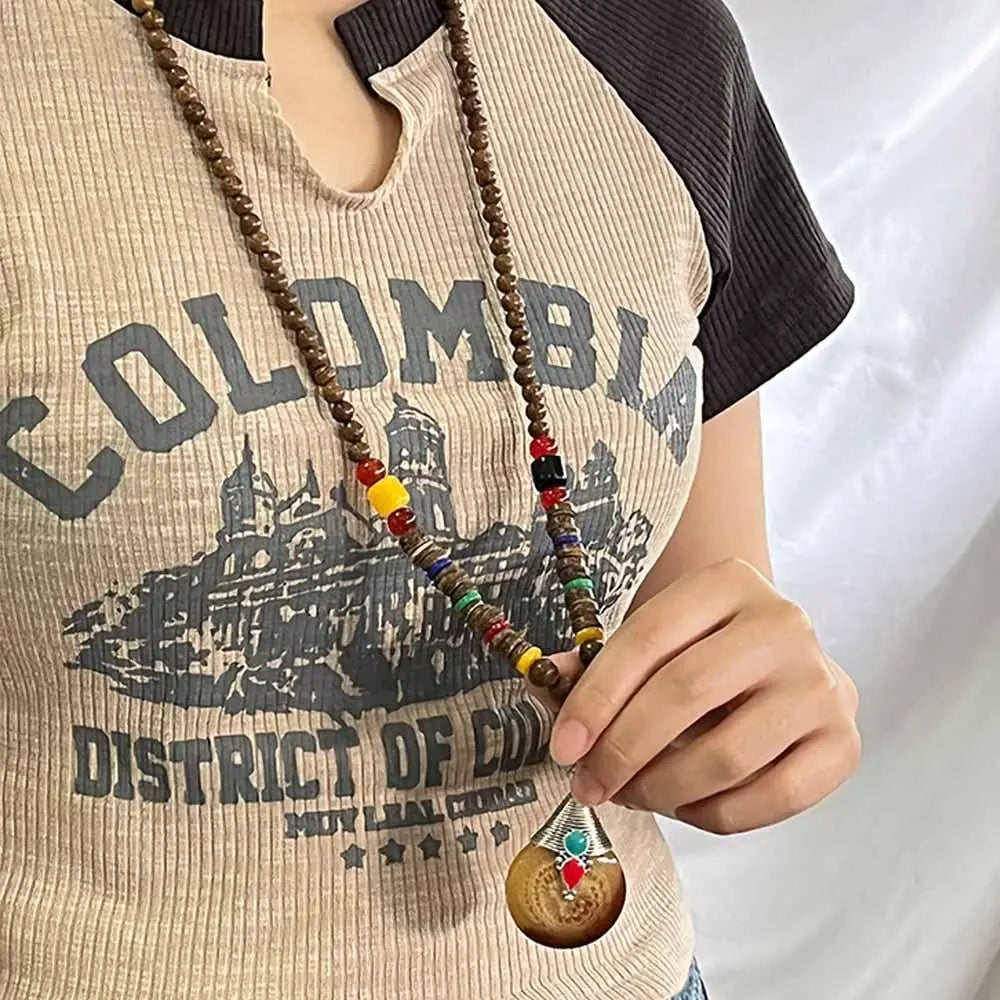 Ethnic Handmade Jewelry Mala Horn Nepal Pendant Long Necklace Necklace Wood Beads