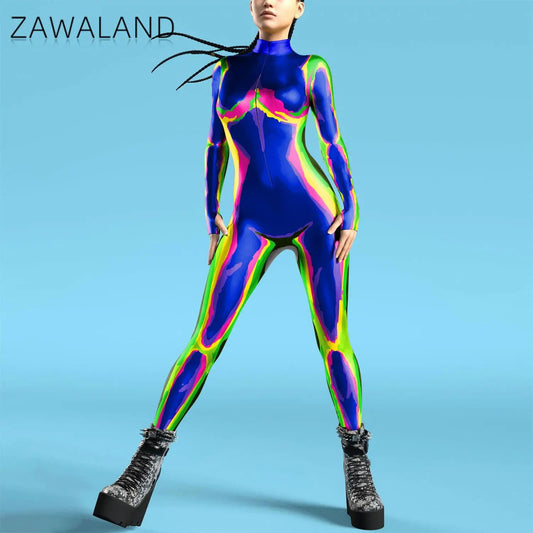 Women Zipper Adult Jumpsuit Clothing Colorful Texture 3D Print Zentai Bodysuit Thumb Sleeves Cosplay Costume Halloween Outfit